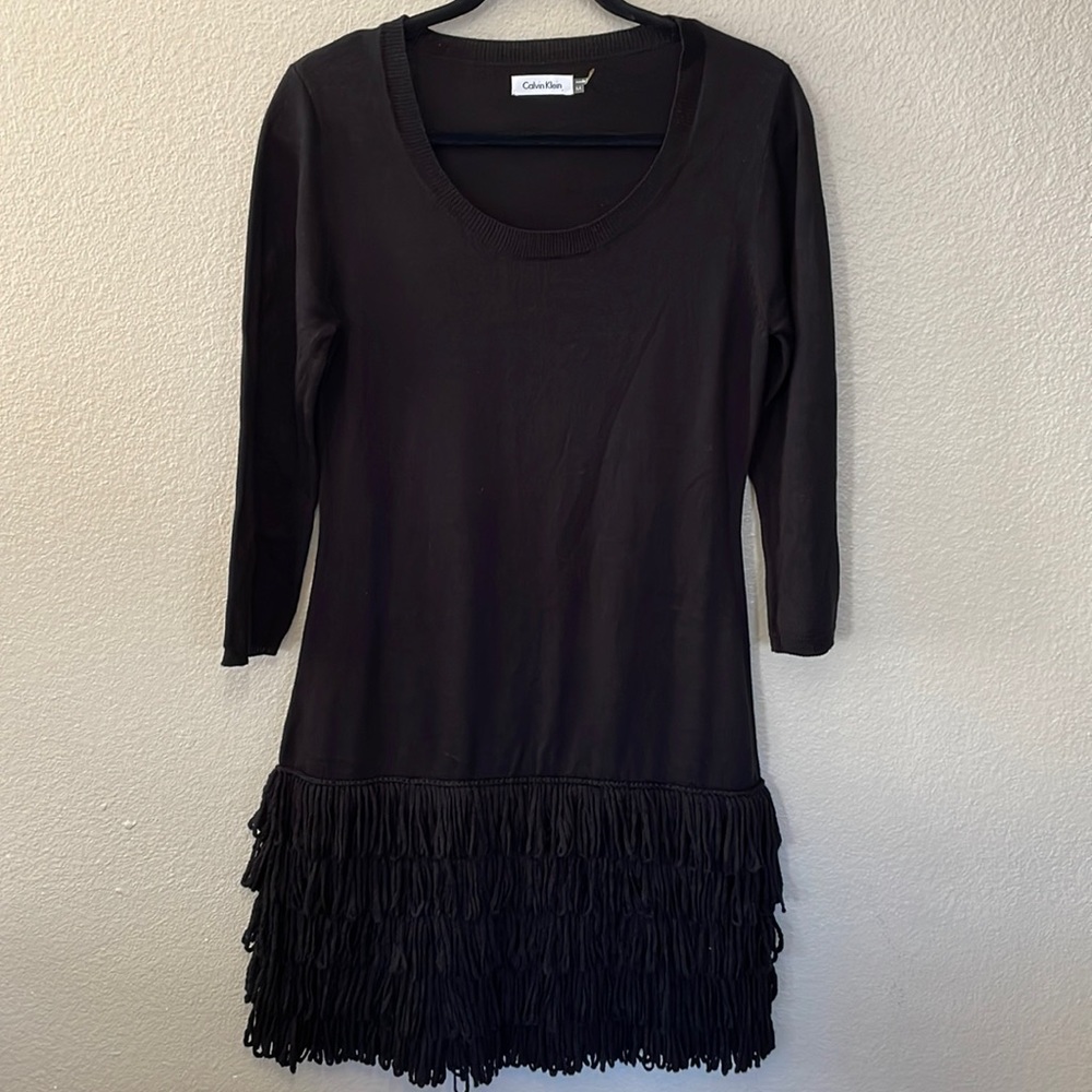 Calvin Klein black fringe sweater dress Size M